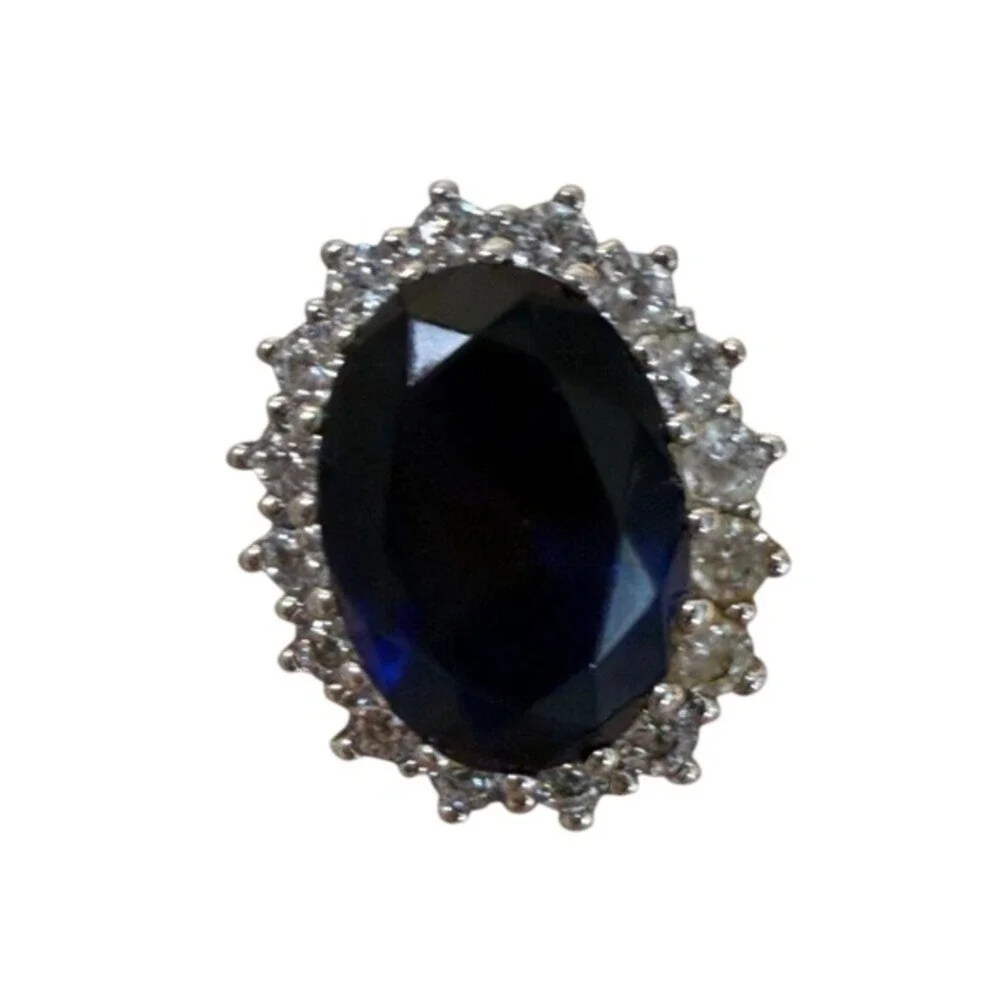 Blue Cocktail Ring Silver Tone Halo Statement Ring Prom Wedding Glam
